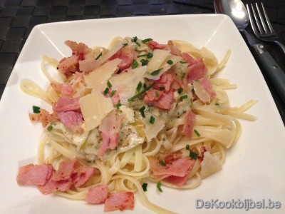 Linguini met bacon en artisjok