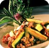 Courgette met grijze garnalen en spekjes