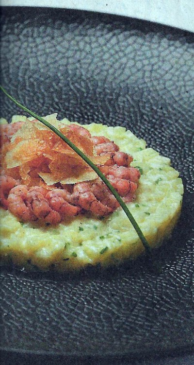 Risotto van nieuwe aardappelen met garnalen