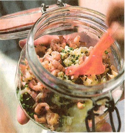 Zeebrugse garnalen met asperges, roerei, bieslook en hazelnootboter met foelie