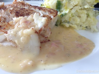 Kabeljauw met preistoemp en beurre blanc van witbier