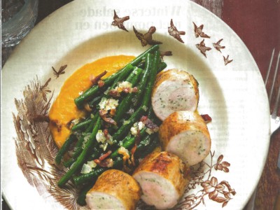 Kiprolladen met boontjes en pompoenpuree