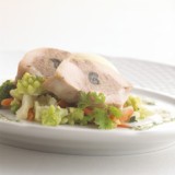 Ballotin van jong konijn gevuld met ‘petits-gris de Namur’, ragout van groenten en kervelsaus