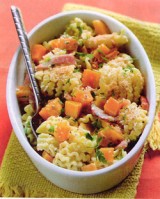 Krulpasta uit de oven met pompoen, gorgonzola en bacon