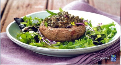 Portabella met linzen en saliepesto Portabella met linzen en saliepesto