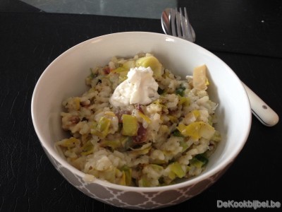Risotto met rode ui prei en verse geitenkaas