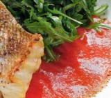 Gegrilde roodbaars met paprika-tomatensaus