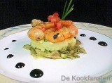 Scampi op een bedje van bintje en kruidenkaas, oestezwam, sinaasappel