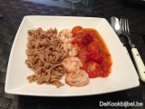 Scampi met pure tomatensaus en spelt spirelli