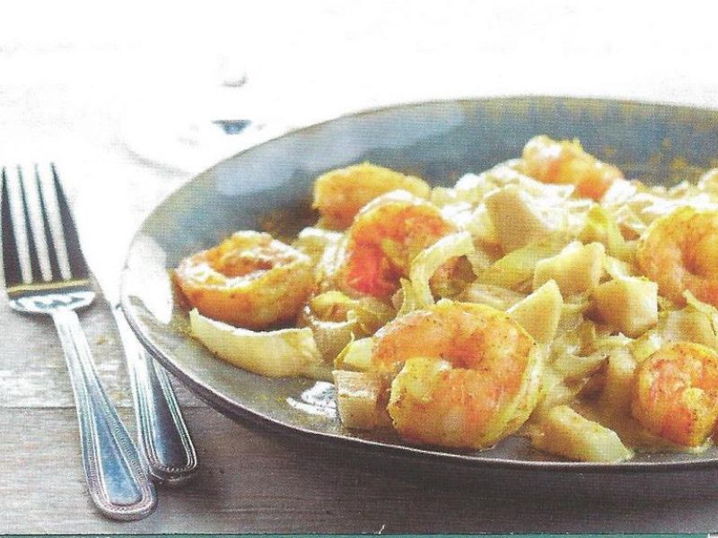 Gebakken scampi met witloof en peer